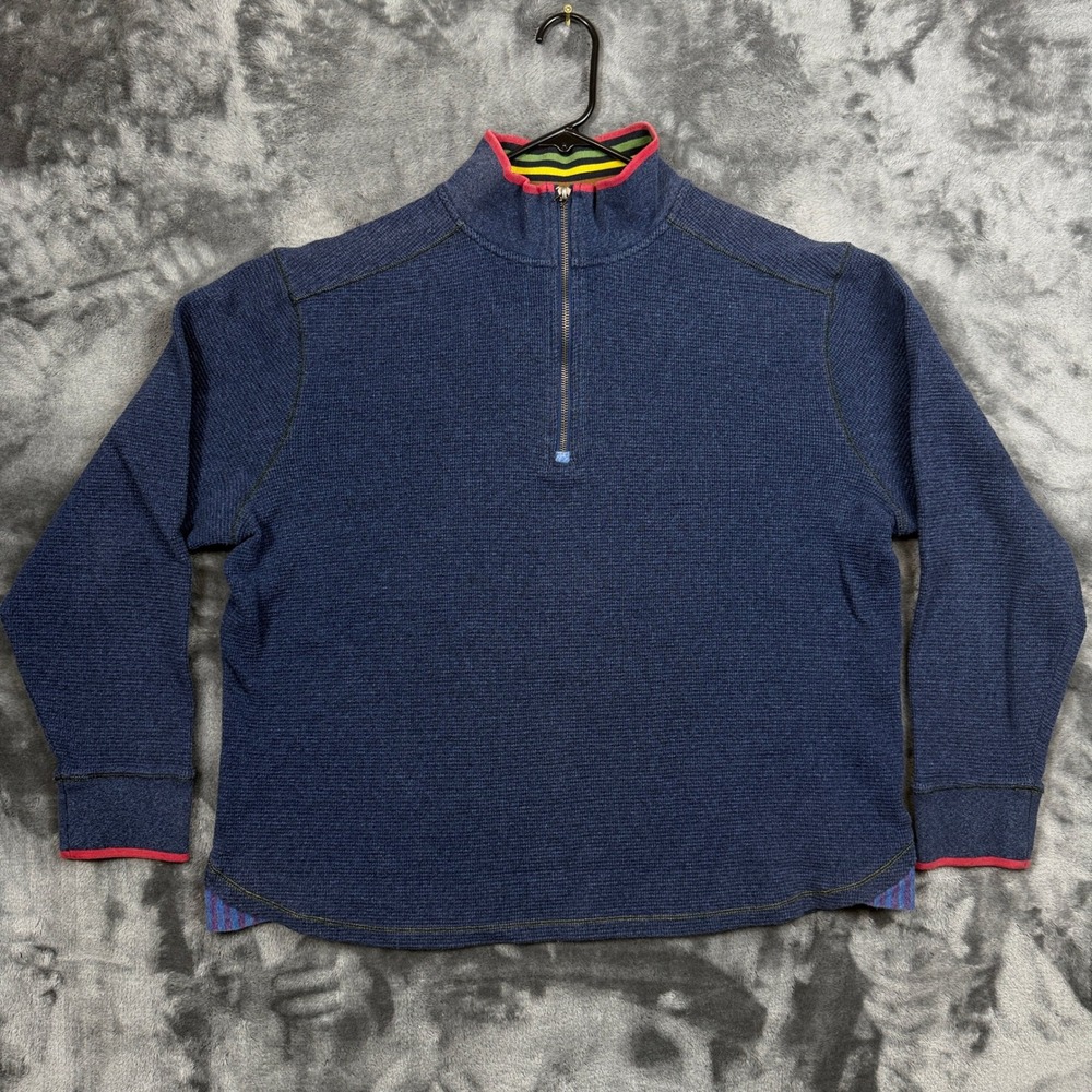 Robert Graham Quarter Zip Pullover Mens XL Blue Waffle Knit Striped Trim